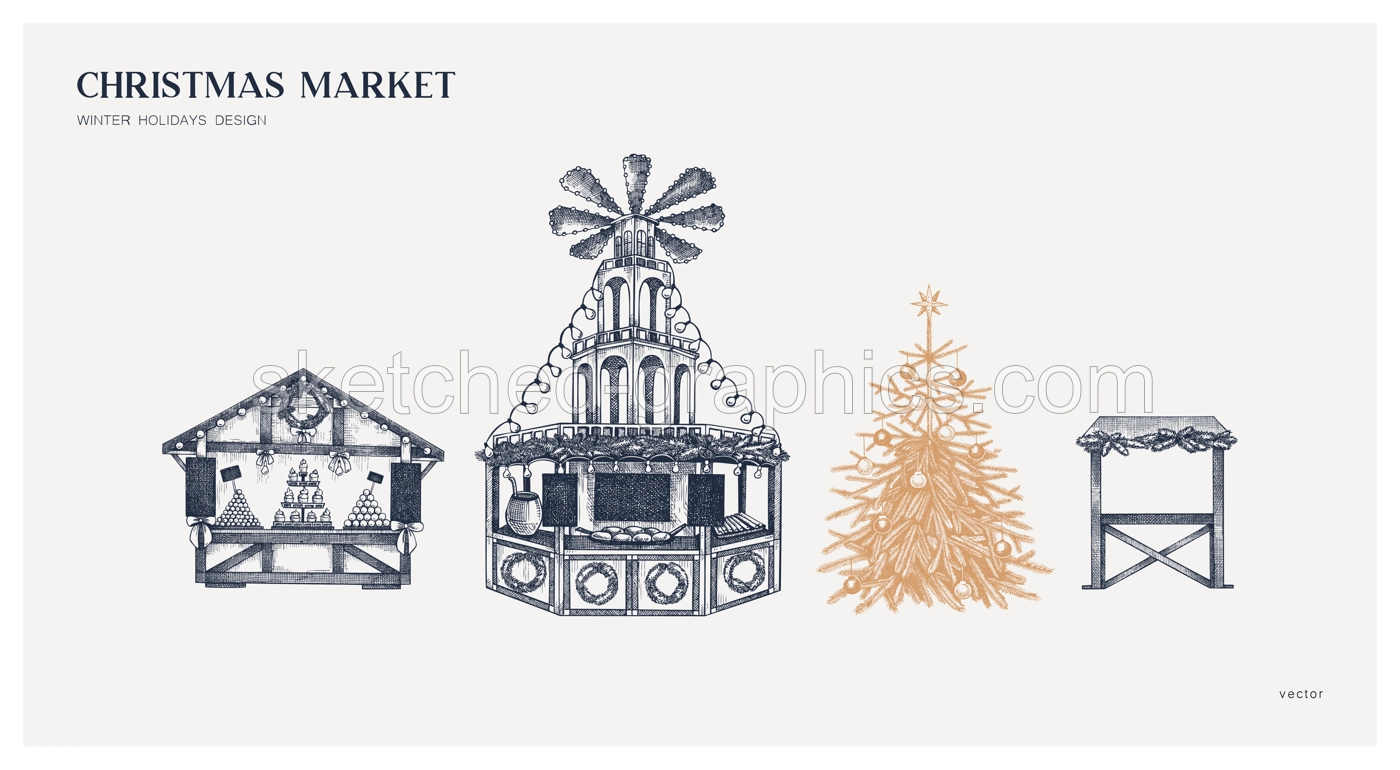 Christmas market card or invitation design. Hand drawn vector illustration. Holiday marketplace, wooden stall, mulled wine, candy shop  sketch Illustration